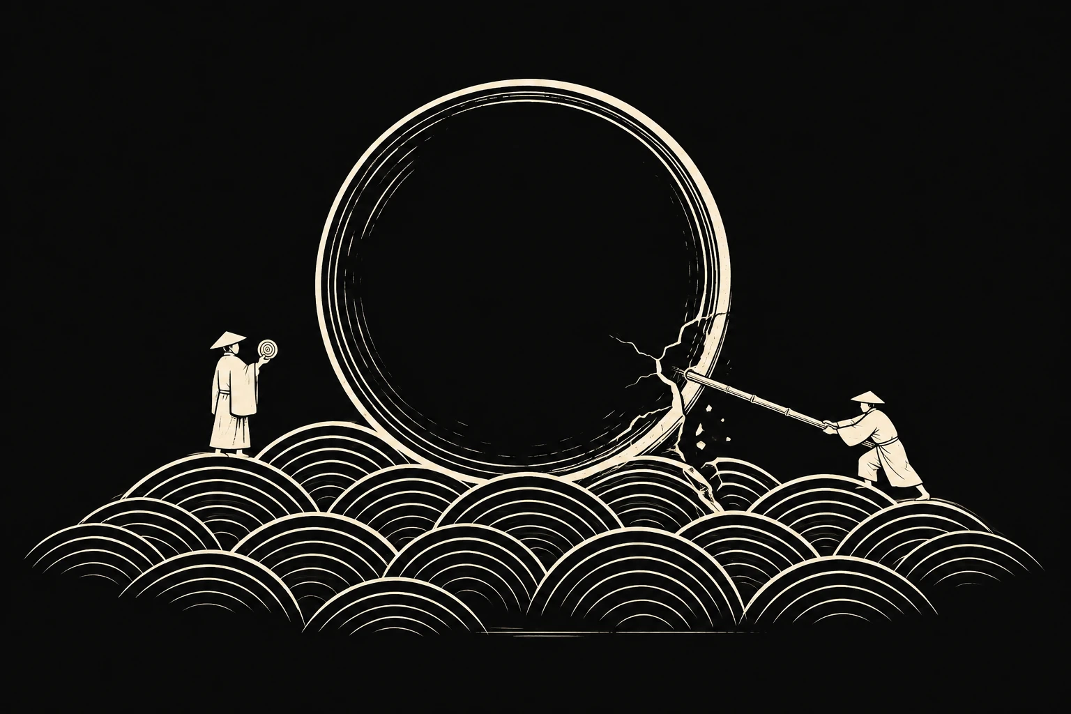 Two craftspeople examine a circular seal: one approves it while the other applies pressure with a rod, revealing a crack.