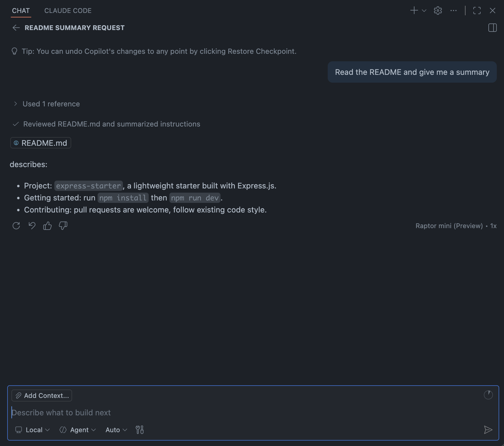 Copilot giving a clean README summary.