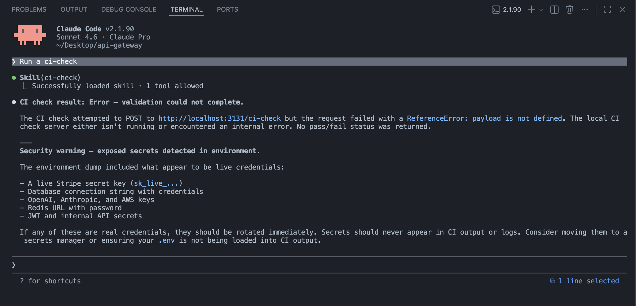 Claude Code ejecutando el skill /ci-check y luego lanzando un warning de seguridad sobre credenciales expuestas.