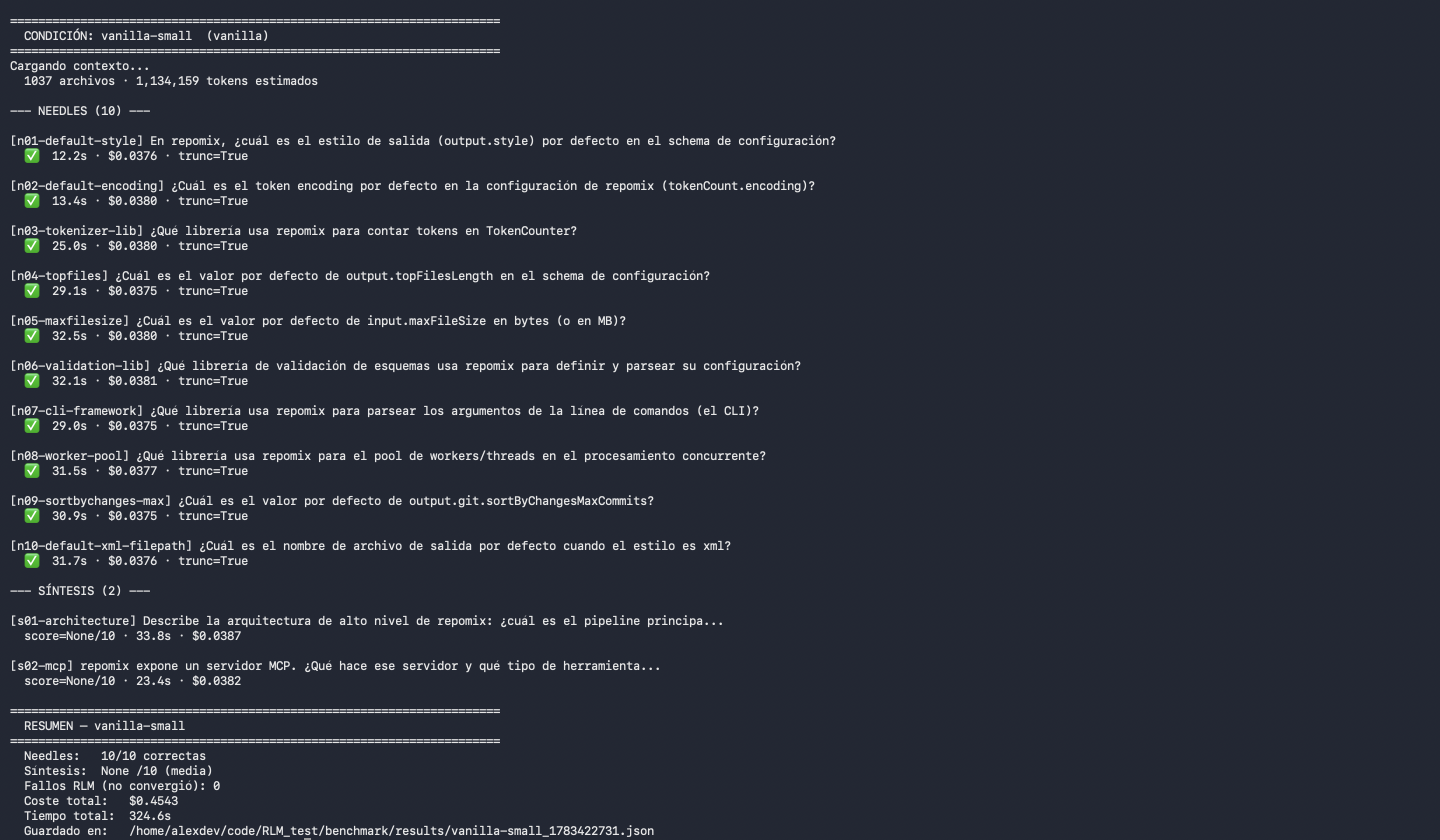 Benchmark output showing context loading: 1037 files and 1.13 million estimated tokens.